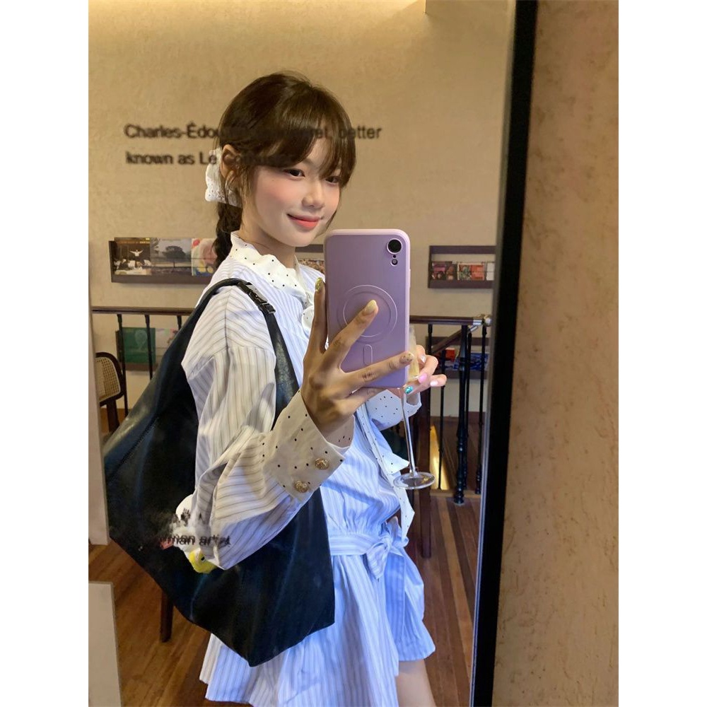 Korean Sweet School Style Stri - Korean Style A Line Shirt Dress ulasan dan harga