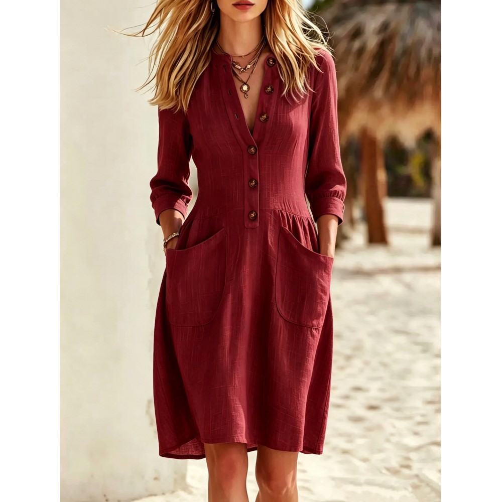 Fashion Imitation Buttons Line - Casual Loose Linen Shirt Dress ulasan dan harga