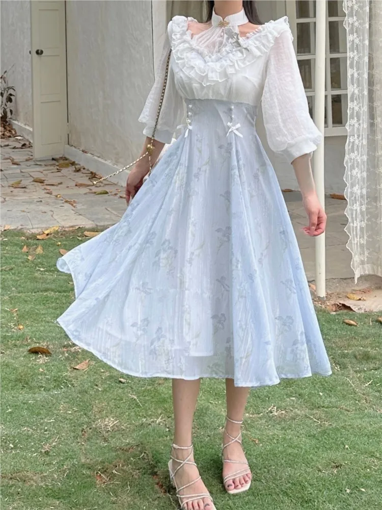 Elelgant Women Summer French V - French Vintage Floral Midi Dress ulasan dan harga