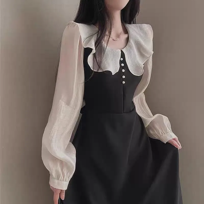 Long Sleeve Dresses Women Fren - French Vintage Floral Midi Dress ulasan dan harga