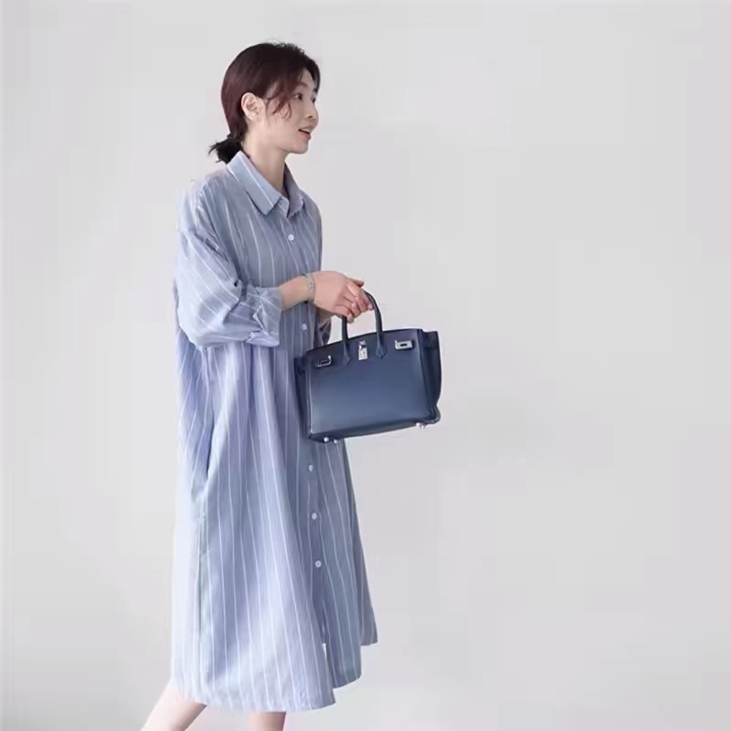 Blue Striped Shirt Dress Women - Korean Style A Line Shirt Dress ulasan dan harga