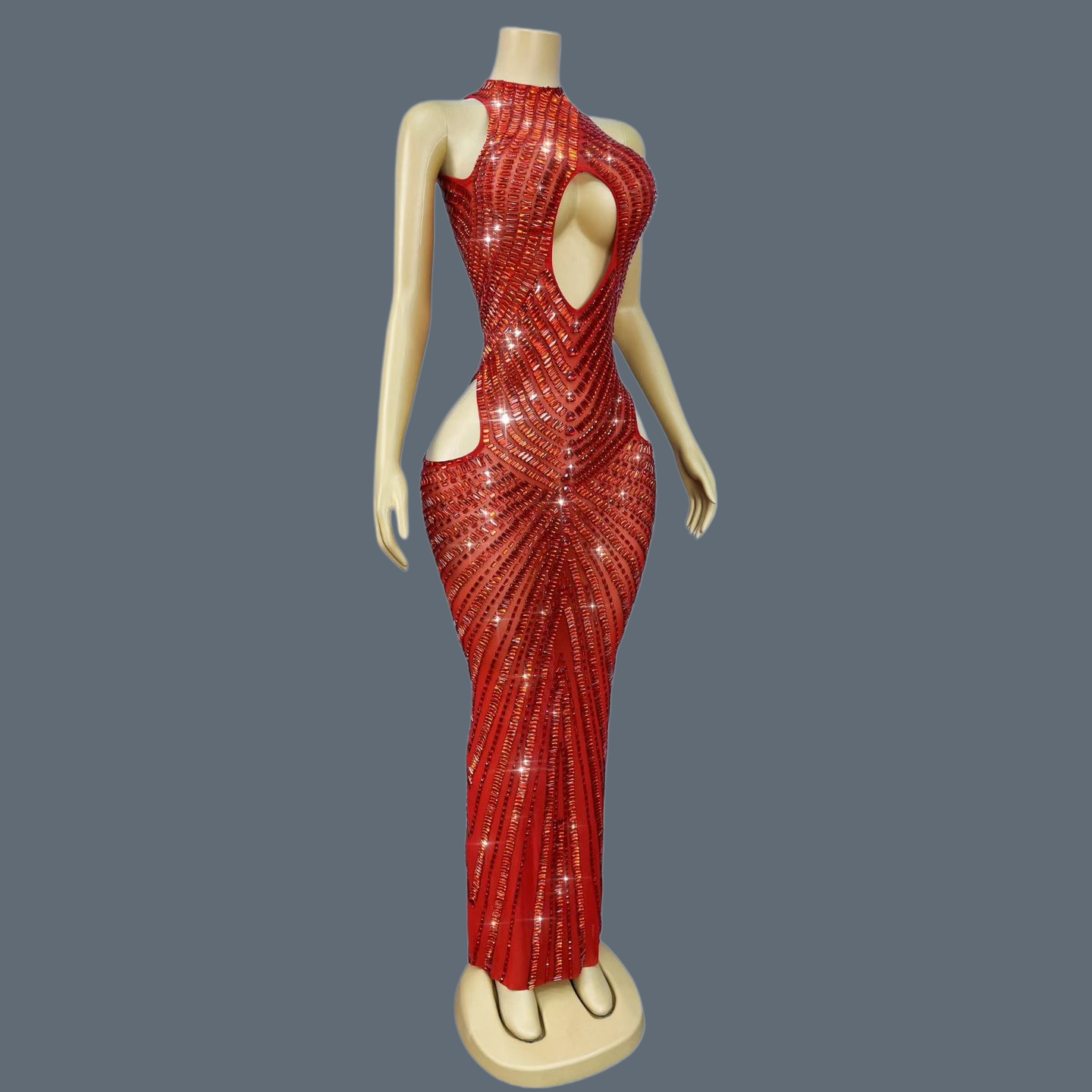 Luxury Red Rhinestone Hollow O - Sparkly Rhinestone Club Party Dress ulasan dan harga